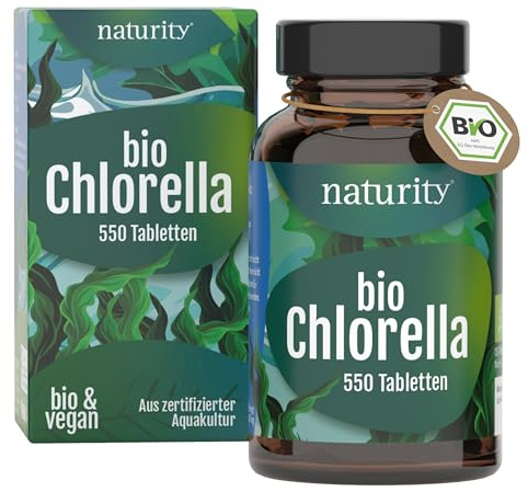 NATURITY Bio Chlorella, Mikroalge mit Vitamin B12, vegan, 550 Tabletten | 550 Presslinge aus Bio-Chlorella aus zertifizierter Aquakultur, mit natürlichem Chlorophyll
