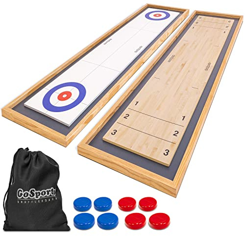 GoSports 1,8 m Tisch-Shuffleboard und Curling 2-in-1-Spiel mit 8 Pucks und Tragetasche