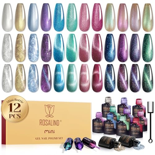 ROSALIND UV Nagellack Set Magnetisch, 12 Farben Cat Eye Gel Nagellack Katzenauge mit Magnet, Soak Off Gel Nail Polish Cateye für Nail Art Maniküre