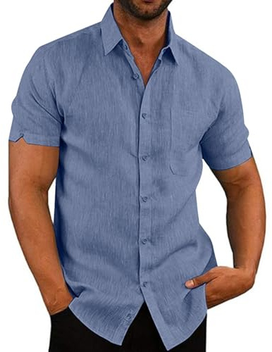 Hemd Herren Sommer Kurzarm Casual Urlaub Strandhemd Atmungsaktiv Sport Freizeithemd Männer Button Down Shirt (Blau, L)