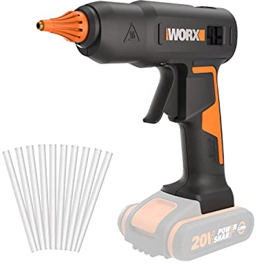 WORX WX045.9 Akku-Heißklebepistole 20V, 60W, MAX 200℃, Anti-Tropf, ideal für Heimwerker, Möbelmontage, Hausreparatur, mit 10*Klebesticks, ohne Akku & Ladegerät, PowerShare kompatibel