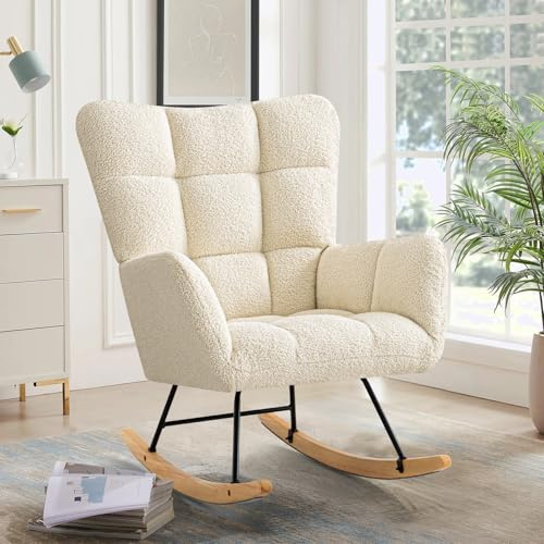 Ckaff Schaukelstuhl, Schaukelsessel Stillsessel Babyzimmer, Relaxstuhl Gepolsterter Sessel Wohnzimmersessel Lesesessel mit Holzkufen, Armlehne für Wohnzimmer Schlafzimmer Babyzimmer, Elfenbeinweiß