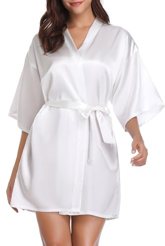 Vlazom Kimono Robe Damen Morgenmantel Kurzer Satin Bademantel Mit Gürtel V-Ausschnitt Kimono