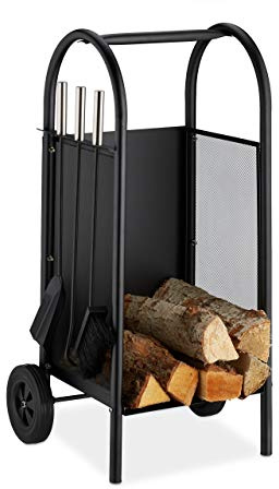 Relaxdays Kaminholzwagen mit Besteck, Brennholzkarre Stahl, Kaminbesteck 3-teilig, Schaufel, Besen & Schürhaken, schwarz, 81 x 42 x 37 cm