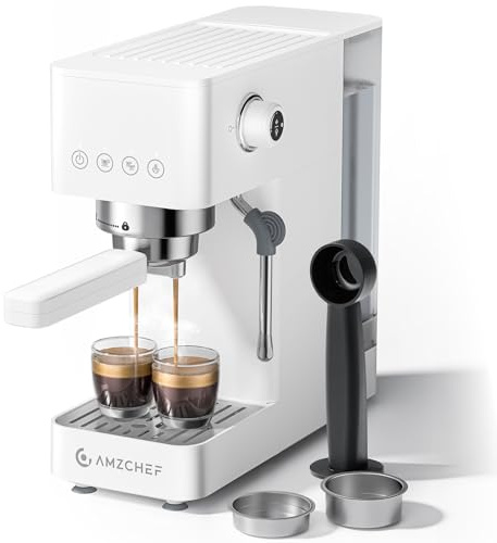 AMZCHEF Siebträgermaschine 20 Bar Espresso Maschine mit LED-Display, Professionellem Milchaufschäumer & Edelstahl-Dampfstab, 1.5L Abnehmbarer Tank, 1350W Schnellaufheizung, Weiß