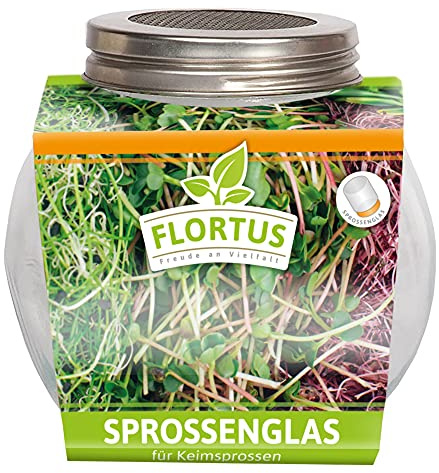 FLORTUS – Sprossenglas mit rostfreiem Edelstahlgitter 425ml – Keimglas zum Sprossen ziehen – Sprossen Anzuchtset für schmackhafte und frische Keimsprossen (11 x 7 x 10 cm)