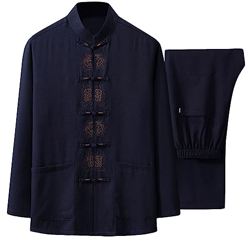 G-LIKE Herren Kungfu Tang Anzug - Traditionelle Chinesische Kampfkunst Taichi Shaolin Wushu Qigong Langärmelig Gestickt Training Freizeit Kleidung Uniform Jacke Hose (Navy, XXL)