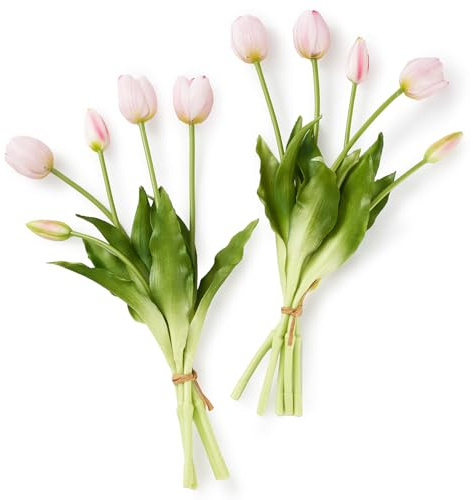 Laelfe 10 Stück Tulpen Künstlich wie echt, Künstliche Latex Tulpenstrauß mit 6 Tulpen und 4 Tulpenknospen, Künstliche Tulpenbündel Blumen‌ Fake Tulpen für Frühlingsdeko Osterdeko (Rosa)
