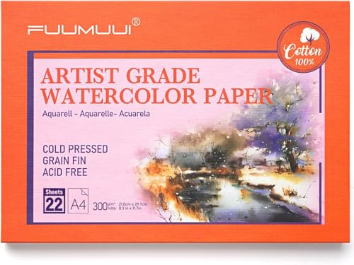 Aquarellpapier Block A4-22 Blatt, 100% Baumwolle, 300 g/m², Kaltgepresst, Säurefrei, 4-seitig Geleimt, Premium Aquarellblock Din A4 | Ideal für Aquarellmalerei, Zeichnung, Handlettering, Naturweiß