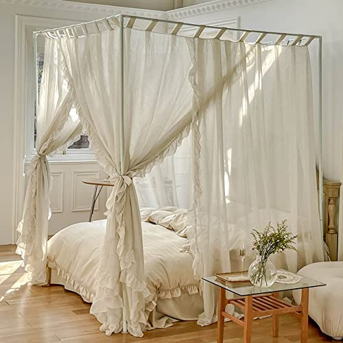 Mengersi Betthimmel-Vorhänge aus Leinen, Betthimmel-Vorhänge, Bettvorhänge, durchsichtige Vorhänge für Schlafzimmer-Dekor (Elfenbein, King-Size)
