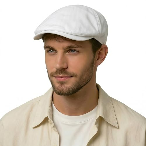 ZLYC Sommer Ivy Schirmmützen Ballonmütze Baumwolle Flatcap für Herren(Einfarbig Weiß),Einheitsgröße