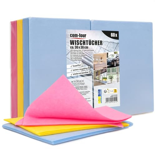 com-four® 60x Haushaltstücher - extrem saugfähige und strapazierbare Reinigungstücher aus Viskose - Allzweck-Wischtücher in 3 Farben - Wiederverwendbare Putztücher (30x38-60 Stück - 3 Farben)