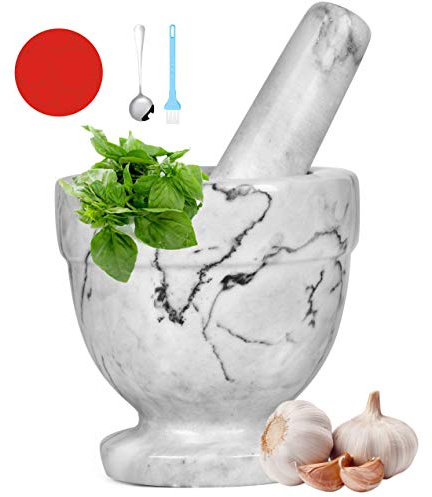 Mörser und Stößel, Marmor-Set für Gewürze, Pestos, Gewürze, Pasten, Guacamole, Schüssel, Kräutermühle, leicht zu reinigen, inklusive: Silikonmatte, Bürste, Edelstahllöffel, 11 cm (klein, weißgrau)