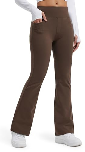Libin Damen Thermo Flared Leggings Thermohose Wanderhose Wasserabweisend Winter Warm Sporthose Schlaghose Yogahose Bootcut Hose mit Taschen, Braun L