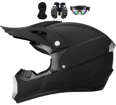 Motorradhelm MTB Helm Fullface Kinder 7-14, Motocross Herren Damen, Jugend Integralhelm Crosshelm Motorrad MTB Enduro Quad ATV Downhill Helm, Mit Brille Handschuhe(Black,L(56-57CM))