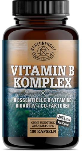 Vitamin B Komplex (B1-B12) +3 Kofaktoren aktiv -WICHTIG: Alle 8 B-Vitamine (B1, B2, B3, B5, B6, B7, B9, B12) -Vitamin B Komplex Vegan- Hochdosiert mit Cofaktoren DE SCHEUNENGUT®
