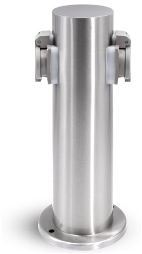 Garten Energiesäule für außen mit 2 Steckdosen für 230V - Steckdosensäule rund in Edelstahl gebürstet mit Regenschutz IP44