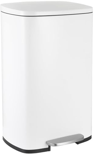 LIFERUN Mülleimer 50l aus Edelstahl, Abfalleimer mit Deckel, Soft-Close Tretmülleimer, Großer Treteimer, Abnehmbarer Inneneimer, Geruch isolieren, für Küche, Badezimmer, Büro, Weiß