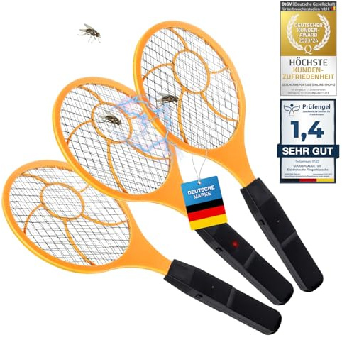 GOODS+GADGETS® Elektrische Fliegenklatsche 3er Set – Elektro Mückenklatsche | Testsieger Kundenzufriedenheit – Insektenvernichter für Camping, Grillen & Schlaf – 44,5 cm, kompakt & leicht, 2x AA