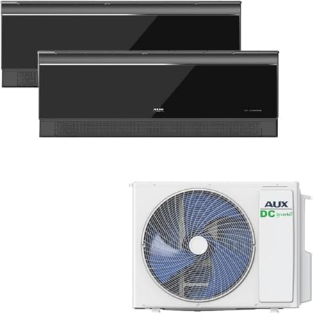 AUX Multi Split Klimaanlage Set 18000 BTU (5,3 kW) Außengerät + 2x 9000 BTU (je 2,6 kW) Wandgerät WLAN R32 Hochglanz Schwarz