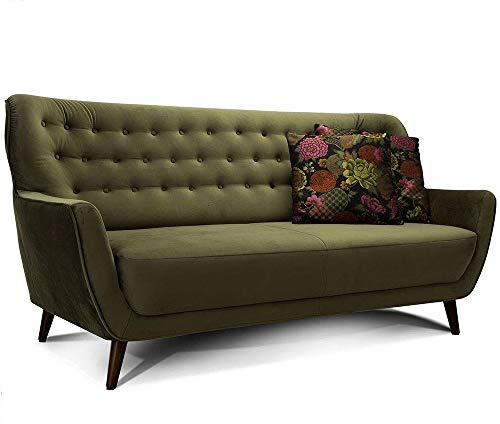CAVADORE 3-Sitzer-Sofa Abby / Retro-Couch im Samt-Look mit Knopfheftung / 183 x 89 x 88 / Samtoptik, grün