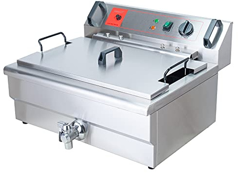 Valgus Kommerzielle elektrische Fritteuse aus Edelstahl 3000W 30L | Großraum-Küchenbratmaschine mit Korb und Deckel, Abflusssystem für Restaurant und Zuhause