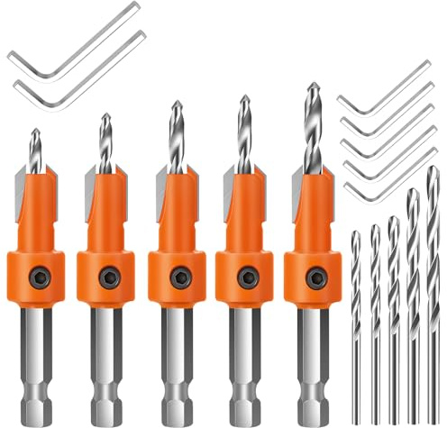 10 tlg. Sechskantschaft Senkbohrer-Set Holzbohrer Senkbohrer Senkbohrung | mit Senker Kegelsenker Set für Holz, Pressspan, verdichteter Karton, Kunststoff