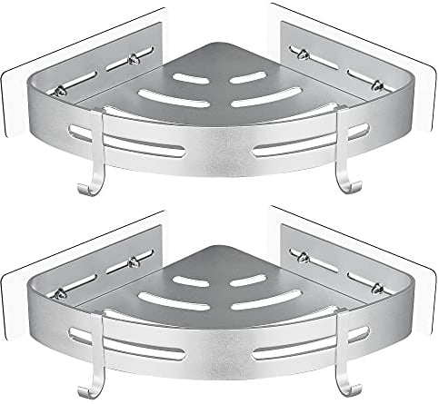 GRICOL Eck-Duschregal ohne Bohren, aus Metall mit 2 Haken für Dusche, rostfrei, selbstklebend, für Badezimmerartikel, 2 Stück (Silber)