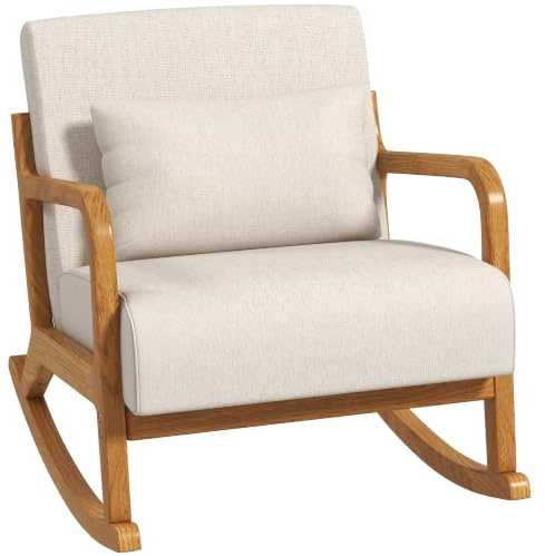 HOMCOM Schaukelsessel Schaukelstuhl mit Holzgestell, Armlehne, Creme | Gepolsterter Schwingsessel, Relaxsessel, für Schlafzimmer, Wohnzimmer
