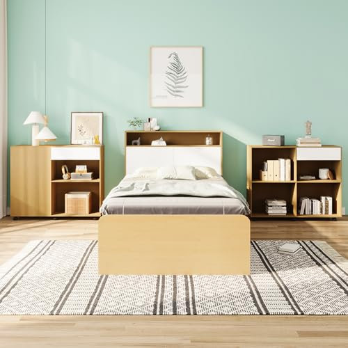 Komplettschlafzimmer Set, Jugendzimmerkombination, Einzelbett + Schränke, Jugendbett, Paneelbett mit 4 Schubladen, 2 Schränke mit Rollen am Boden, MDF + Spanplatte, Weiß + Helleichefarbe, 90x200cm