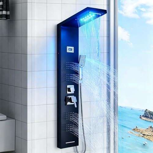 Duschpaneel mit Armatur Schwarz LED Edelstahl 5 Funktionen Regenschauer Handbrause Wannenauslauf Massagedüsen mit LCD Temperaturanzeige