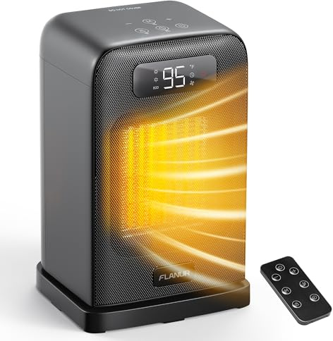 Heizlüfter Energiesparend, 1500W PTC Keramik Heizlüfter Leise, 26cm Elektroheizung mit Thermostat & Fernbedienung, ECO Modus, 70° Oszillation, 12h Timer, Überhitzungs-Kippschutz- Schwarz
