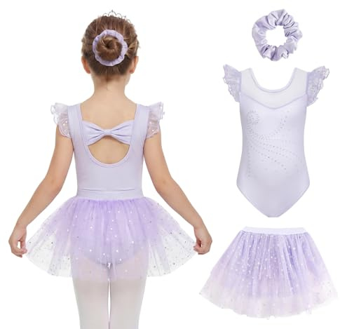 JiAmy Mädchen Ballettbekleidung Rüschenärmel Ballettkleid Kinder Ballett Outfit Tanzkleid Ballerina Kleid mit Rock Tütü für 5-6 Jahre,Violett