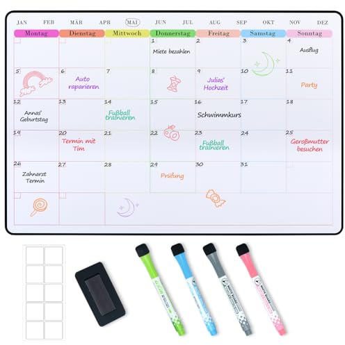 POPRUN A3 Monatsplaner Abwischbar, Whiteboard Magnetisch für Kühlschrank, Perfect as Familienplaner, Planungstafel, Memoboard, Terminplaner, Monatskalender, kühlschrank terminplaner