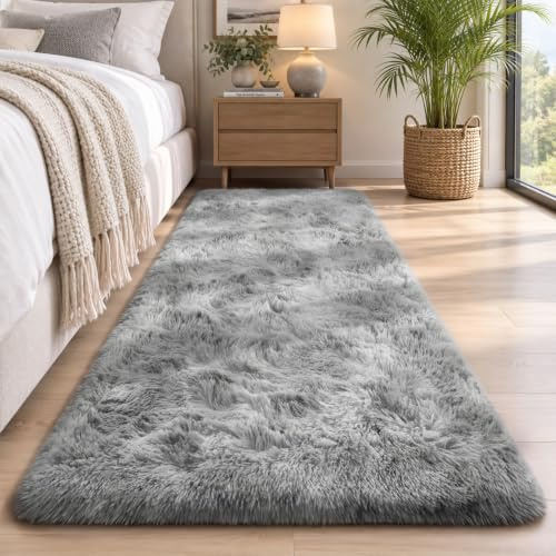 Sour Lemon Teppich Schlafzimmer 80x300cm, Grau Teppich Flur Läufer | Rutschfest Schlafzimmer Teppich Waschbar Flauschiger Wohnzimmerteppiche Zottelige Weiche Teppiche für Kinder Flur Wohnzimmer