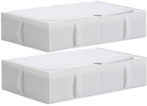 TYEERS Unterbett Aufbewahrungsbox mit Deckel, Strapazierfähiger Stoff, Waschbar, Zusammenklappbar, Boxen Aufbewahrung für Kleidung, Decken, Bettwäsche, Schuhe, 70x42x18 cm, 2er-Pack, Weiß