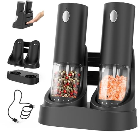 CIRCLE JOY Wiederaufladbare Elektrische Salz und Pfeffermühle 2er Set mit Doppelladestation, 95ml Transparenter Behälter, Extern Einstellbare Rauheit und Weißem LED-Licht, Schwarz
