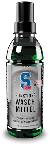 DR. WACK S100 Funktions-Waschmittel 300 ml - Flüssiges Waschmittel für Motorradbekleidung - schonende Reinigung ab 20°C - Geruchsentferner für Leder & Textil - Hochwertige Motorradpflege