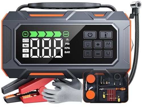 14-In-1 8000A Starthilfe Powerbank für Pkw mit Kompressor 160PSI, 26800mAh Auto Starthilfe mit Notfall Kit, Starter Powerbank für All Benzin/12L Diesel, 5 LED-Licht, Reifenreparaturset, Notfallhammer