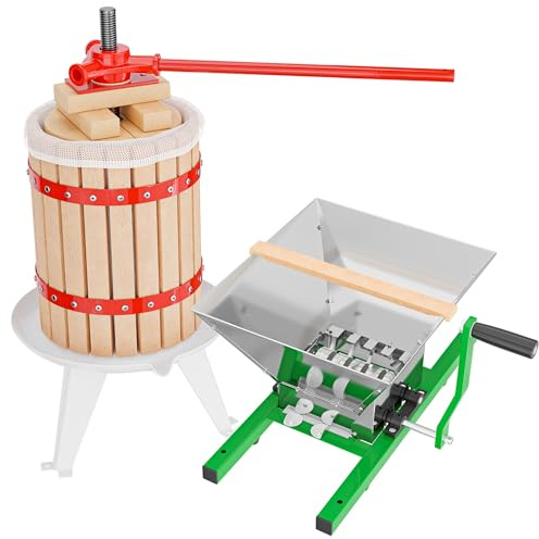 Wiltec Set 18L Obstpresse aus Buchenholz inkl. Presstuch und Obstmühle mit 7L Trichter, Zur Herstellung von Saft Wein und Maische