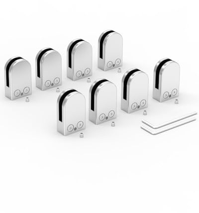 ROFMAPLE Glasklemmen, 8 Stück, Edelstahl, 304 Glasklemmen, verstellbar, 6-8 mm, Glashalterung, flache Rückseite für Balustrade, Treppenhaus-Handlauf