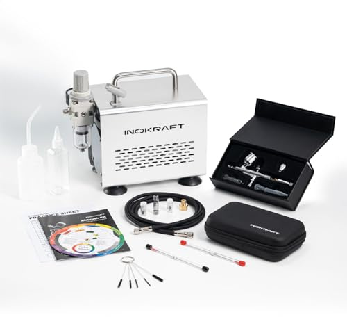 InoKraft Airbrush-Set mit Kompressor 1/6 HP leiser Luftkompressor | Airbrush-Set mit Airbrushpistole, 3 Düsen (0,2/0,3/0,5 mm), für Modellbemalung inkl. Schlauch & Halter