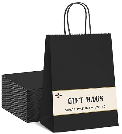 Switory 50 Stück Geschenktüten,Schwarze Papiertüten, 13,3 x 9,5 x 20,3 cm | Kraft Papiertüten mit Henkeln für Partys, Geburtstage, Hochzeiten, Basteln, Geschenke, Einkäufe, Boutiquen und Einzelhandel