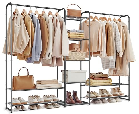 SONGMICS Kleiderständer, offener Kleiderschrank, Kleiderstange, Garderobenständer mit Ablagen, Garderobe aus Metall, freistehend, 29 x 183 x 158,4 cm, mattschwarz LGR463B01