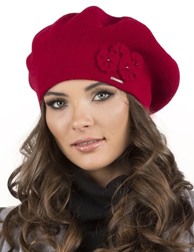 VIVISENCE Baskenmütze Damen Elegant Blume Warm Herbst Winter Accessoire 7006, Rot,Einheitsgröße