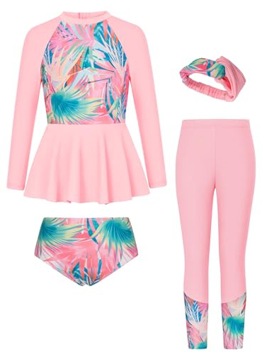 GRACE KARIN Mädchen Vierteiliges Set Badeanzug Lange Ärmel + Hosen Schwimmanzug+Slips+Haarband Blaurosa Palmblätter 10 Jahre