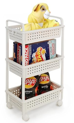 ABBAware Rollwagen mit 3 Körben, 40 x 30 x 74 cm Kunststoff Weiß - Ablagefachwagen/Aufbewahrungswagen mit Rollen für Küche, Bad, Wohnzimmer