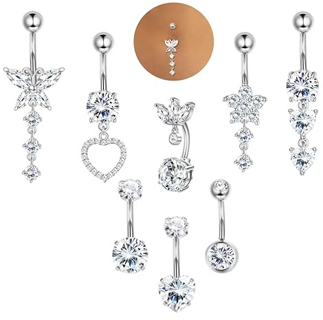 ORAZIO 8 Pcs Silber Bauchnabelpiercing Chirurgenstahl Damen Piercing Bauchnabel Schmetterling Herz Zirkon 10MM Titan Bauchnabelpiercing Silber 925 Belly Piercing Damen