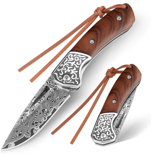 DRACHENADER Damast-Taschenmesser – 67 Lagen VG10 Damaststahl, handgeschmiedet, §42a-konformes Zweihandmesser mit Liner Lock und Holzgriff, EDC-Klappmesser für Camping, Survival