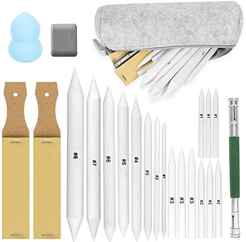 23 Stücke Mischen Papierwischer Estompen Set, Blending Stümpfe und Tortillionen, Graphit Skizzen Stifte, Verlängerungswerkzeug, Schleifpapier Bleistife Spitzer, Knetgummi Radiergummis, Filztasche